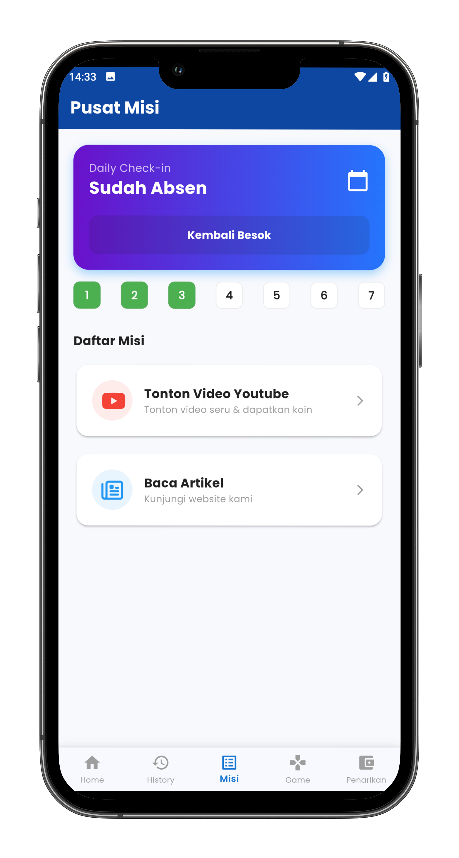 Tampilan Misi Harian CuanKoin